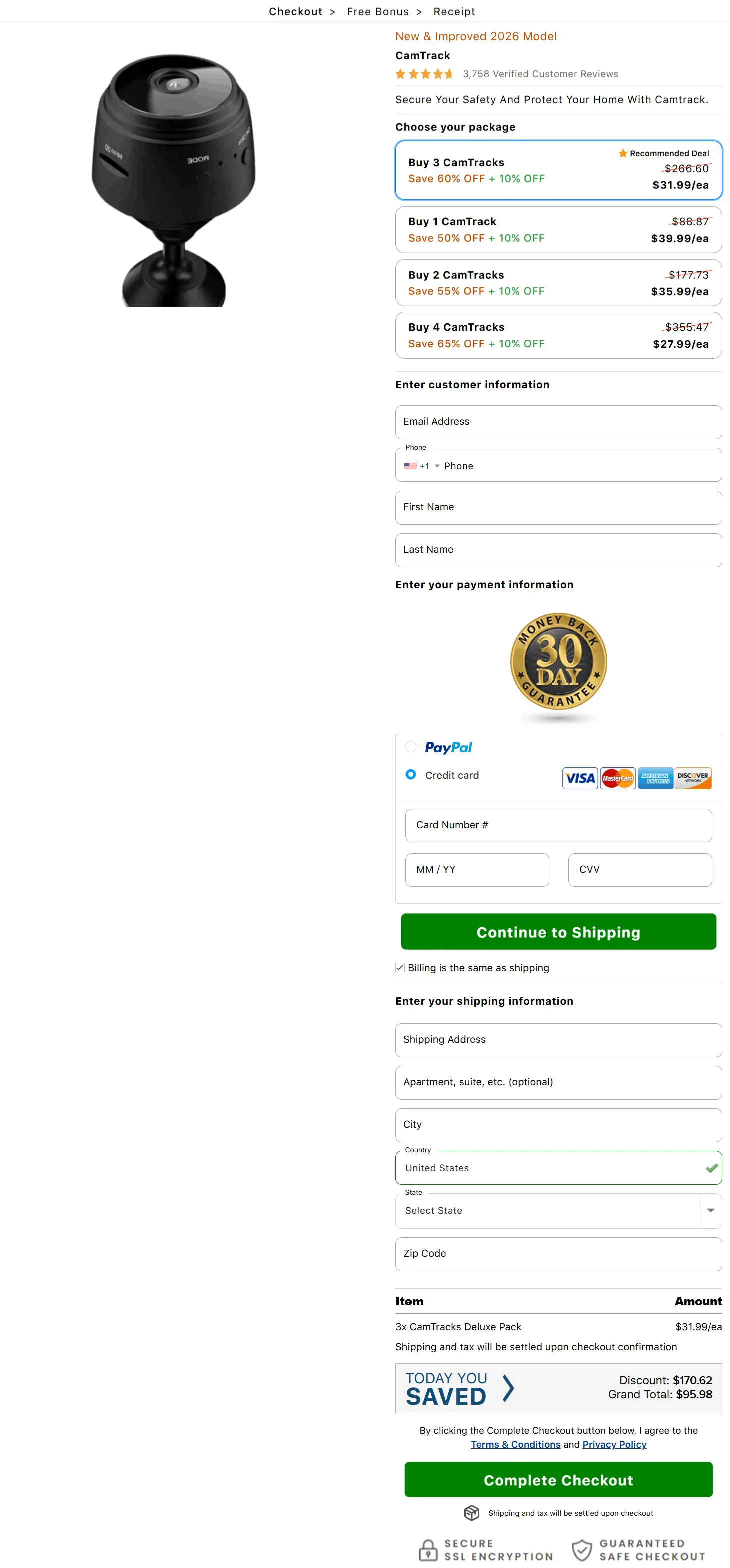 CamTrack Camera secure checkout page